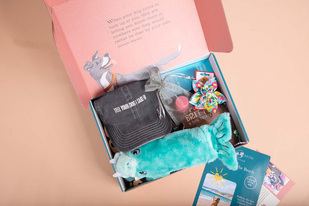 inside dog mom subscription box, cap, plush toy and flower